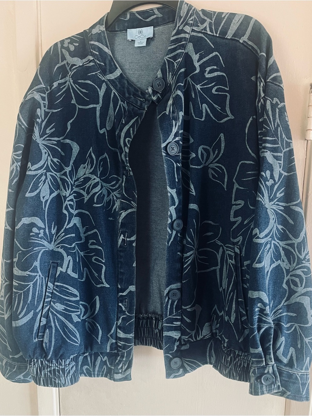 CeCe Navy Bomber Jacket with Light Blue Floral Print
